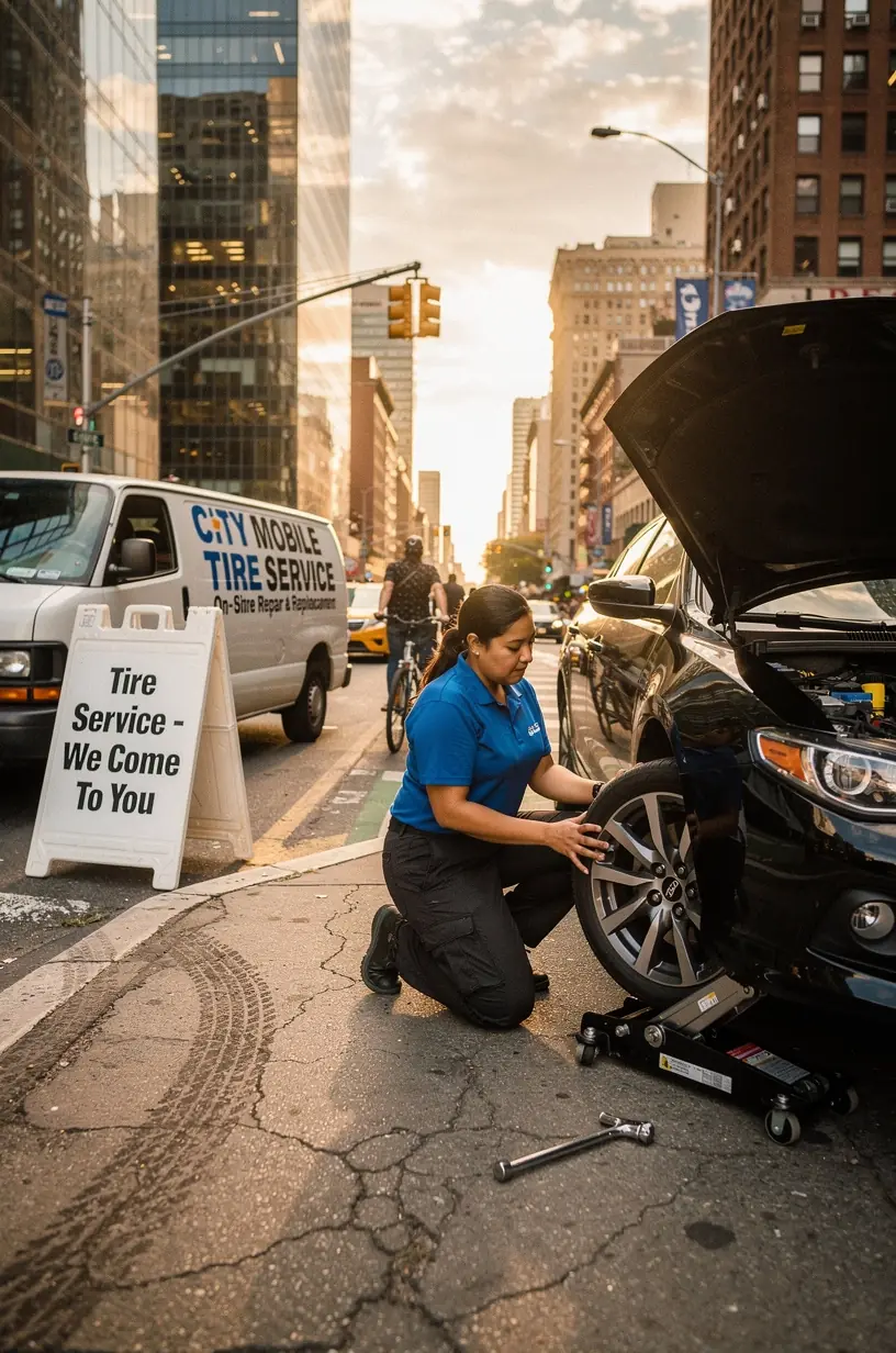 Roadside scene showing a mobile tire service team quickly changing a tire under daylight.
